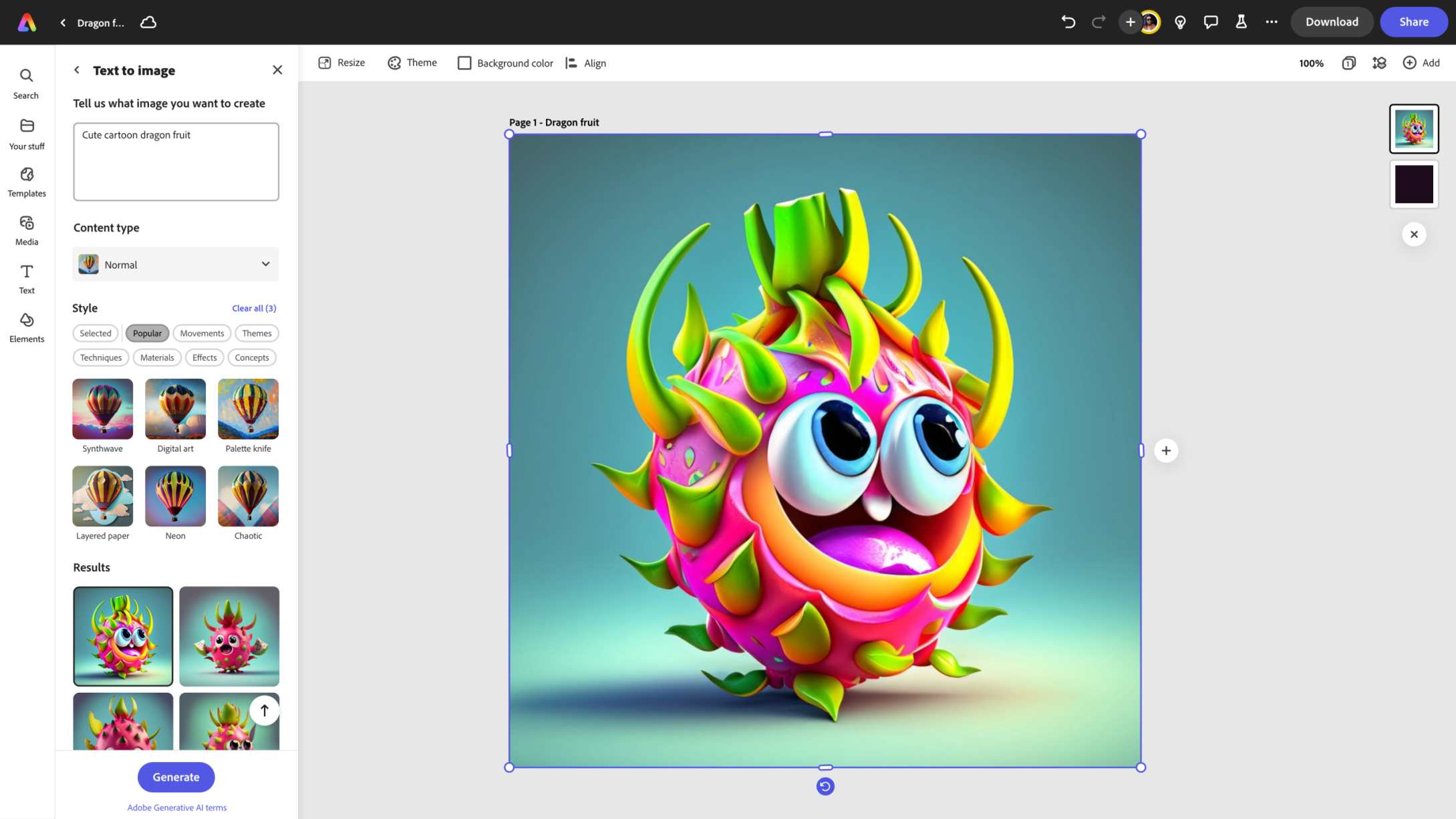 The Adobe Express web app is on the screen of a Chromebook device. The web app shows the 'Text to image' feature, with the following prompt inside the text box: 'Cute cartoon dragon fruit' and the generated image beside it.